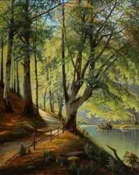 Forest Scene with Newly Sprouted Beech Leaves and People in a Rowboat